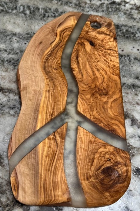 Charcuterie Board: Olivewood w/ Wavy Translucent Resin Peace Sign (Long)