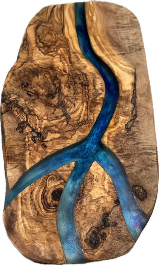 Charcuterie Board: Olivewood w/ Wavy Translucent Resin Peace Sign (Long)